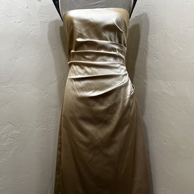 Adrianna Papell Gold Satin Dress with Ruching and Mesh Shoulders, Size 10