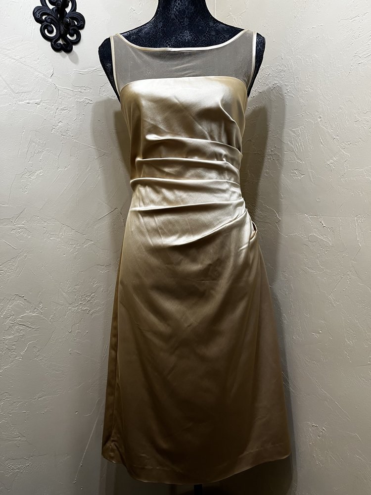 Adrianna Papell Gold Satin Dress with Ruching and Mesh Shoulders, Size 10