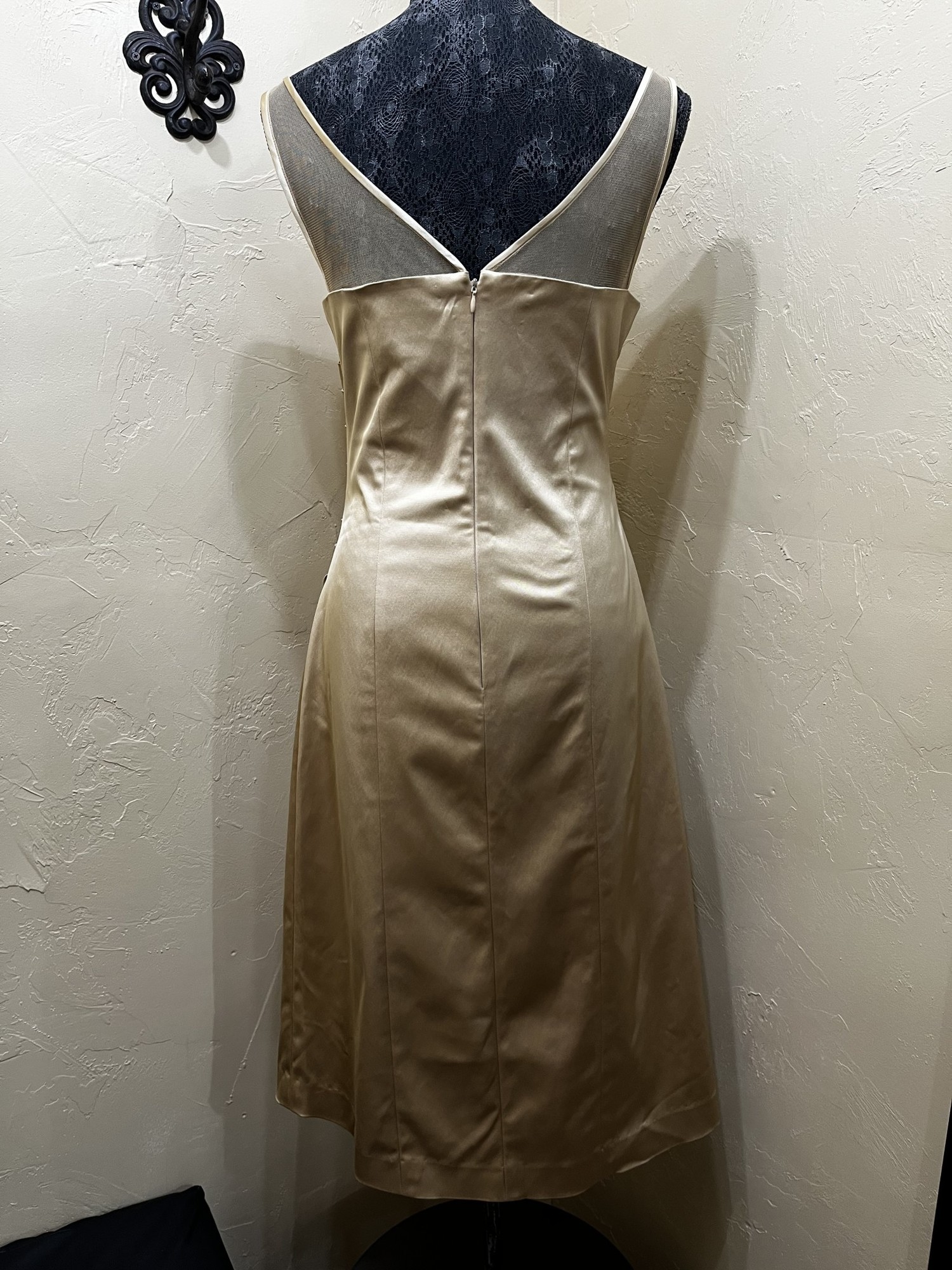 Gold Satin Dress with Ruching and Mesh Shoulders, Size 10 - Elements Unleashed Gold Satin Dress with Ruching and Mesh Shoulders, Size 10 - Elements Unleashed