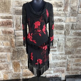 Sue Wong Black and Red Fringe Floral Beaded Two Piece Set, Size 12