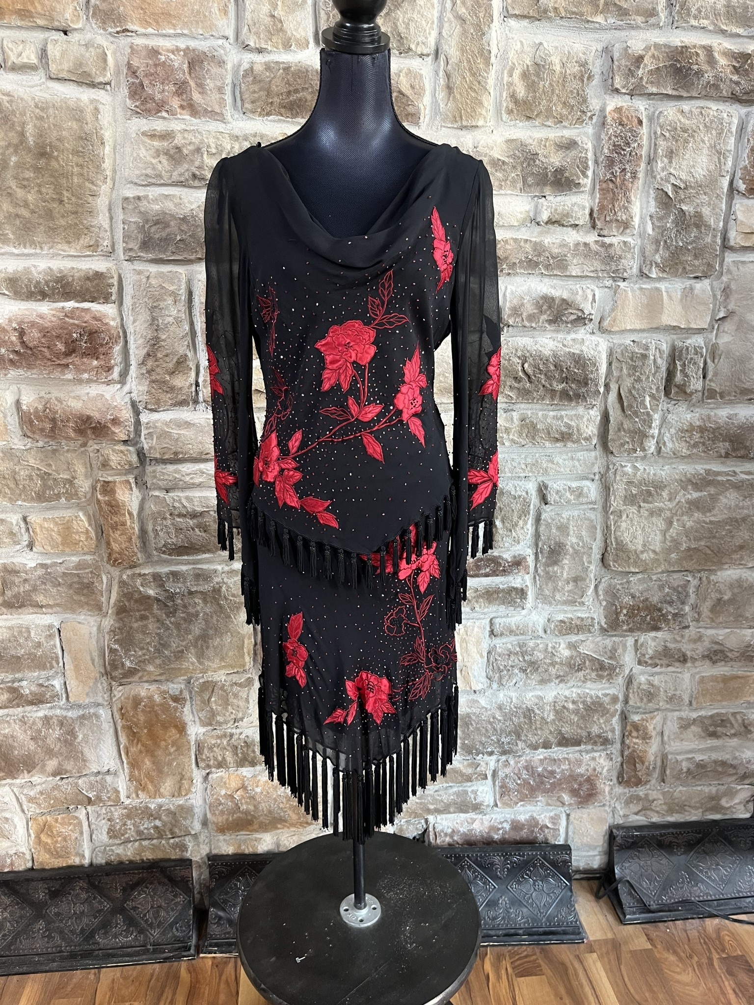 red and black fringe dress Red Beaded Fringe Black Sequin Dress With Feather Accented Skirt