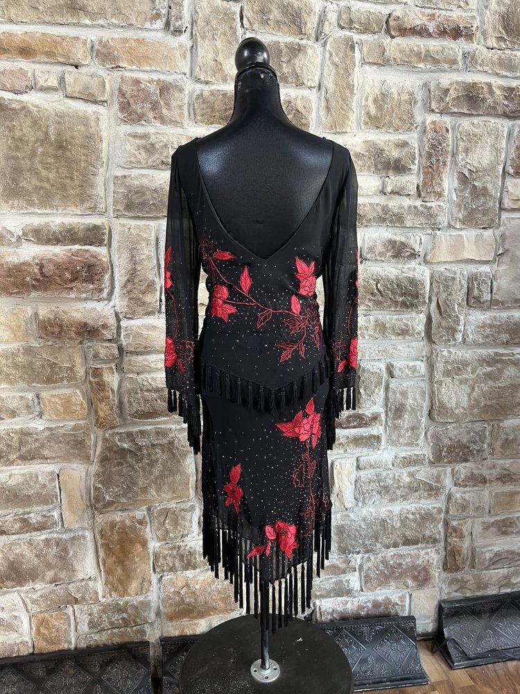 Sue Wong Black and Red Fringe Floral Beaded Two Piece Set, Size 12