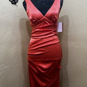 Caché Coral Satin Ruched Dress, Size 2