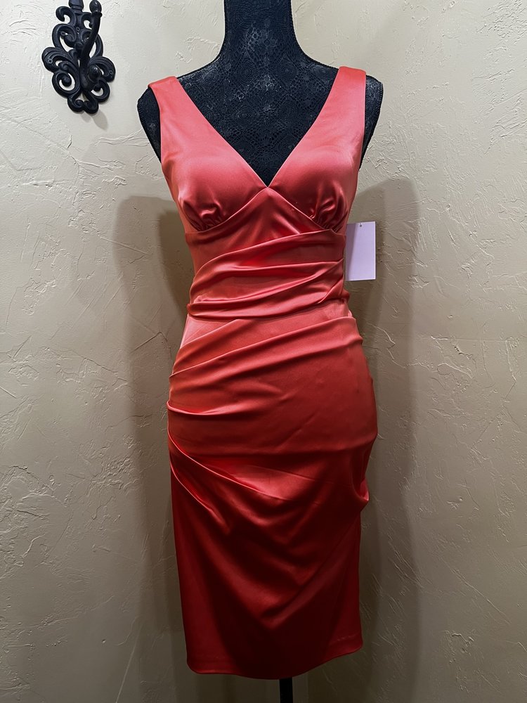 Caché Coral Satin Ruched Dress, Size 2