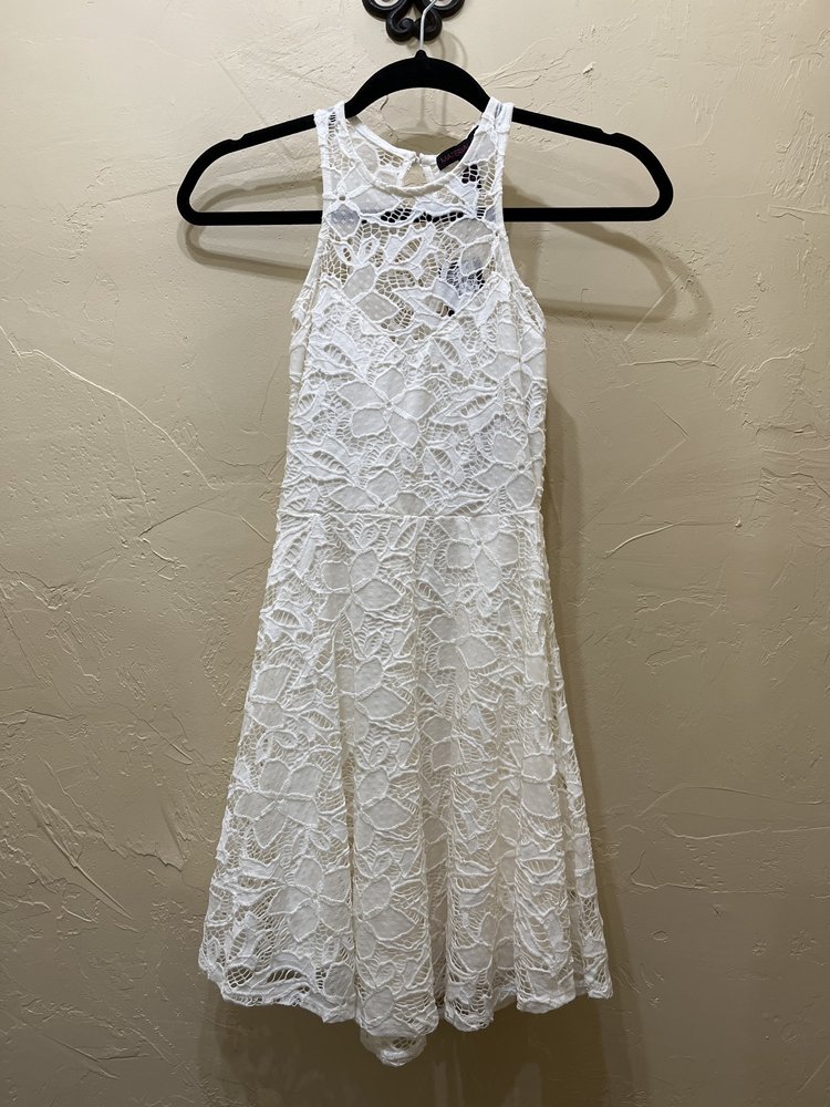 Material Girl White Lace Dress with High Neckline, Size XS