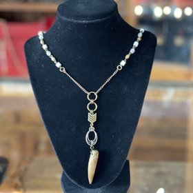 Ava Claire Brass Jasper Dagger Pendant w/ Wood and Shell Bead Necklace