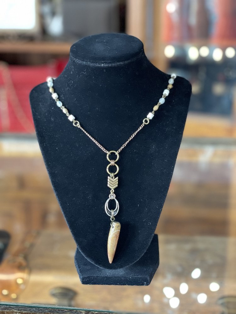 Ava Claire Brass Jasper Dagger Pendant w/ Wood and Shell Bead Necklace