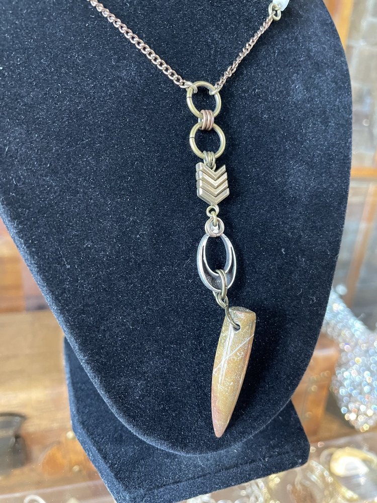 Ava Claire Brass Jasper Dagger Pendant w/ Wood and Shell Bead Necklace