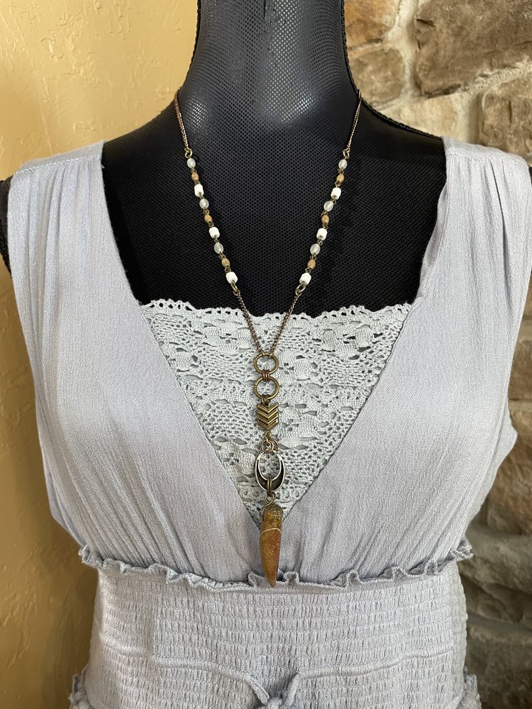 Ava Claire Brass Jasper Dagger Pendant w/ Wood and Shell Bead Necklace