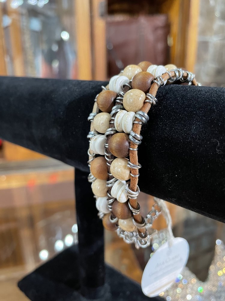 Ava Claire Suede Cord Earth Toned Wood and Gemstone Stacked Bracelet