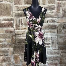 Grace Karin Black Floral Ruched V-Neckline Dress, Size S