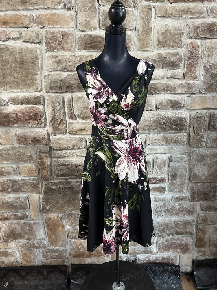 Grace Karin Black Floral Ruched V-Neckline Dress, Size S