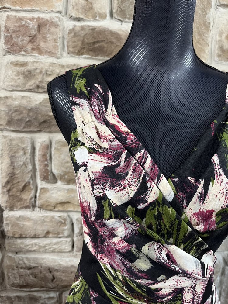 Grace Karin Black Floral Ruched V-Neckline Dress, Size S