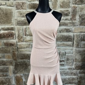 Blondie Nites Blush Pink Sparkle Halter Ruffle Bottom w/ Diamond Straps Dress, Size 5