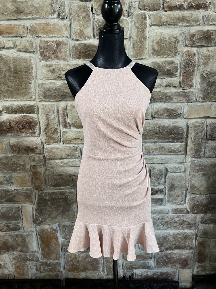 Blondie Nites Blush Pink Sparkle Halter Ruffle Bottom w/ Diamond Straps Dress, Size 5