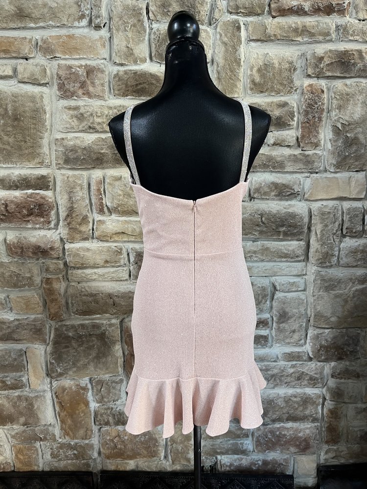 Blondie Nites Blush Pink Sparkle Halter Ruffle Bottom w/ Diamond Straps Dress, Size 5