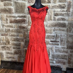 Light In The Box Red Beaded Mermaid Gown w/ Corset Back, Size M