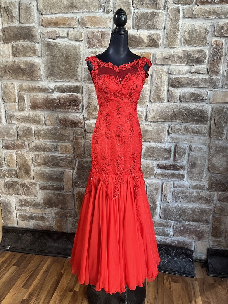 Light In The Box Red Beaded Mermaid Gown w/ Corset Back, Size M