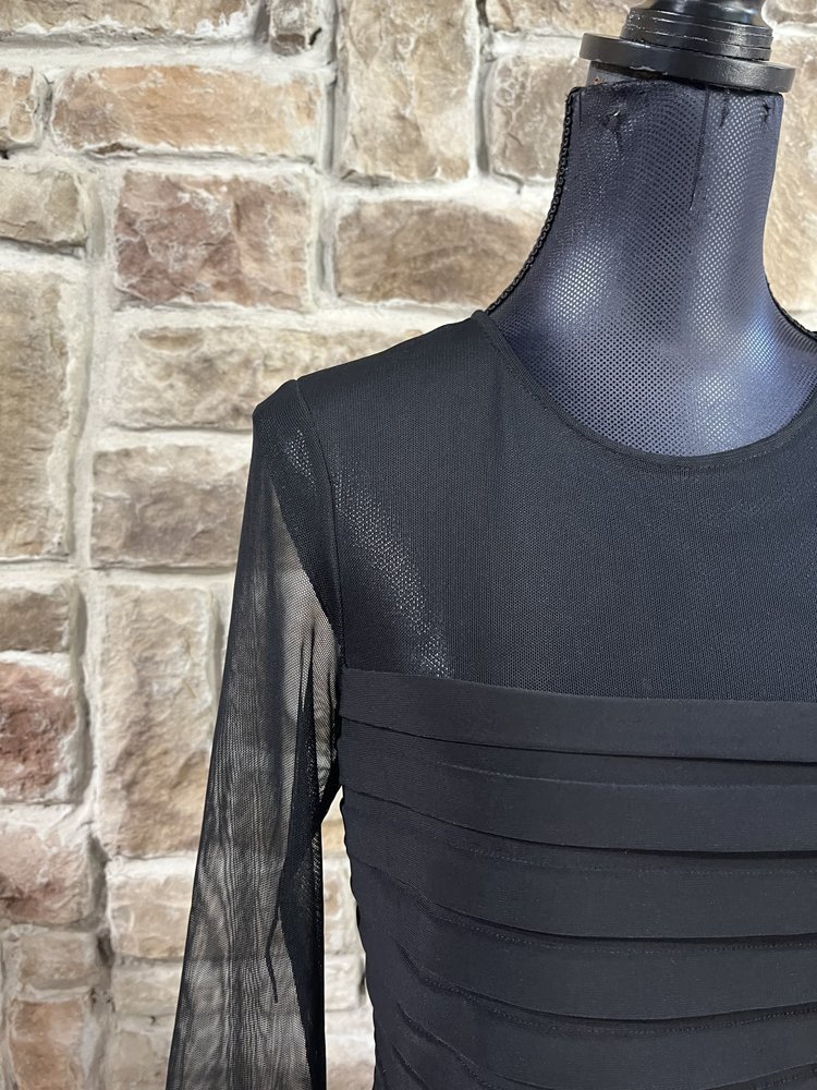 Adrianna Papell Black Mesh 3/4 Sleeve top w/ Layer Striping, Size 10