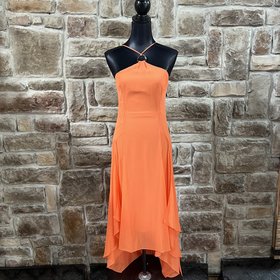 Orange High-Low Halter Neck w/ Gold Ring Dress