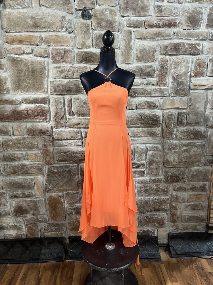 Orange High-Low Halter Neck w/ Gold Ring Dress