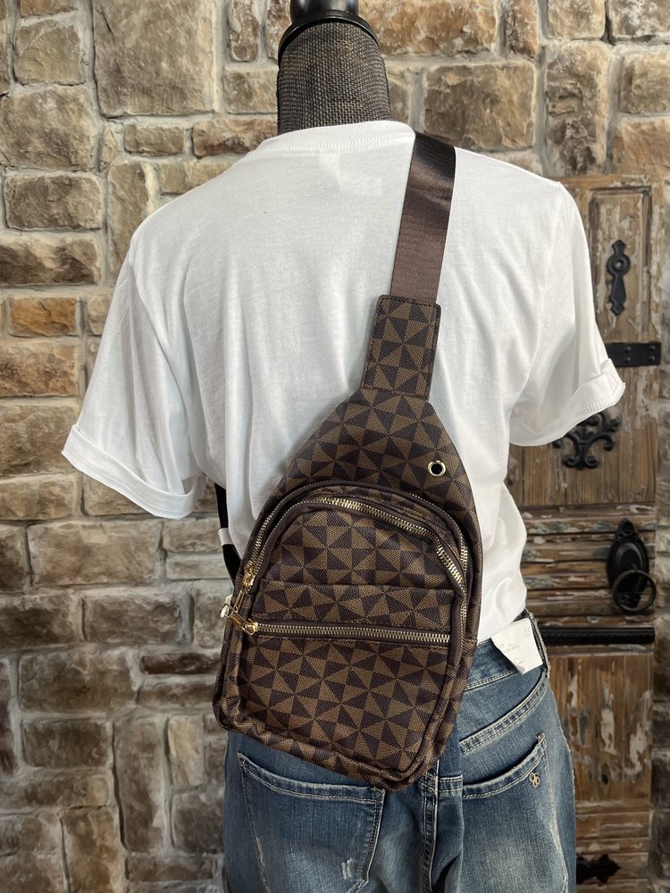 Luxie Collection Two Toned Brown Patterned Sling Backpack w/ Gold Hardware