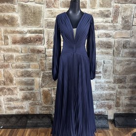 Mingda's Dresses Navy Accordion Pleated Long Sleeve w/ Deep V Gown, Size 6