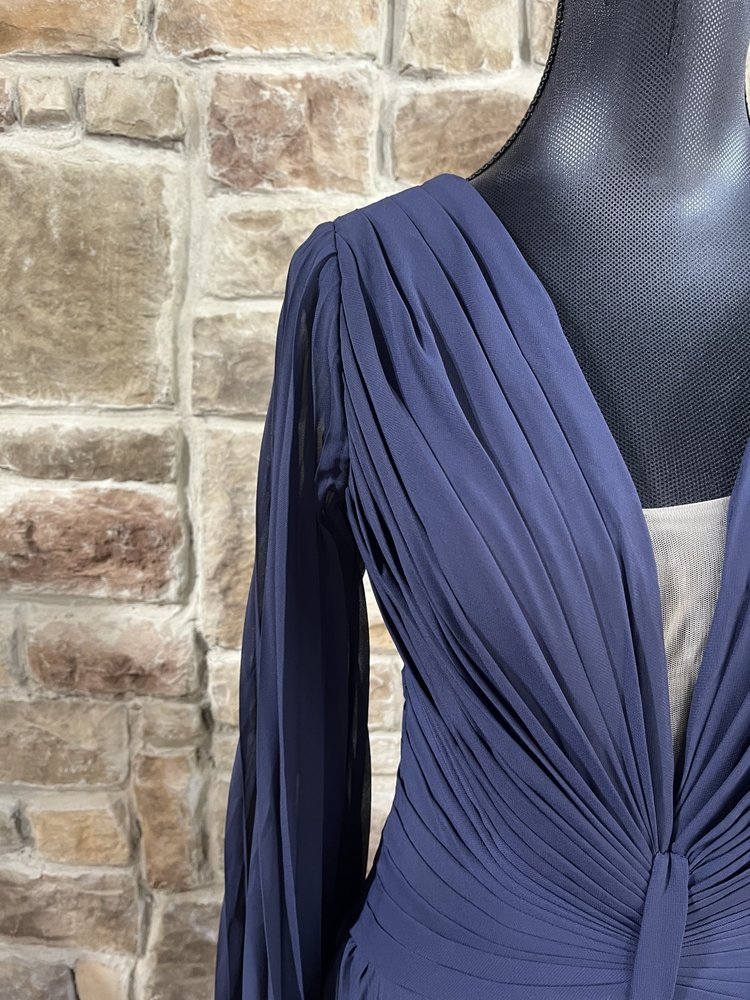 Mingda's Dresses Navy Accordion Pleated Long Sleeve w/ Deep V Gown, Size 6