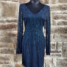 Adrianna Papell Peacock Blue Beaded Cocktail Dress, Size 4