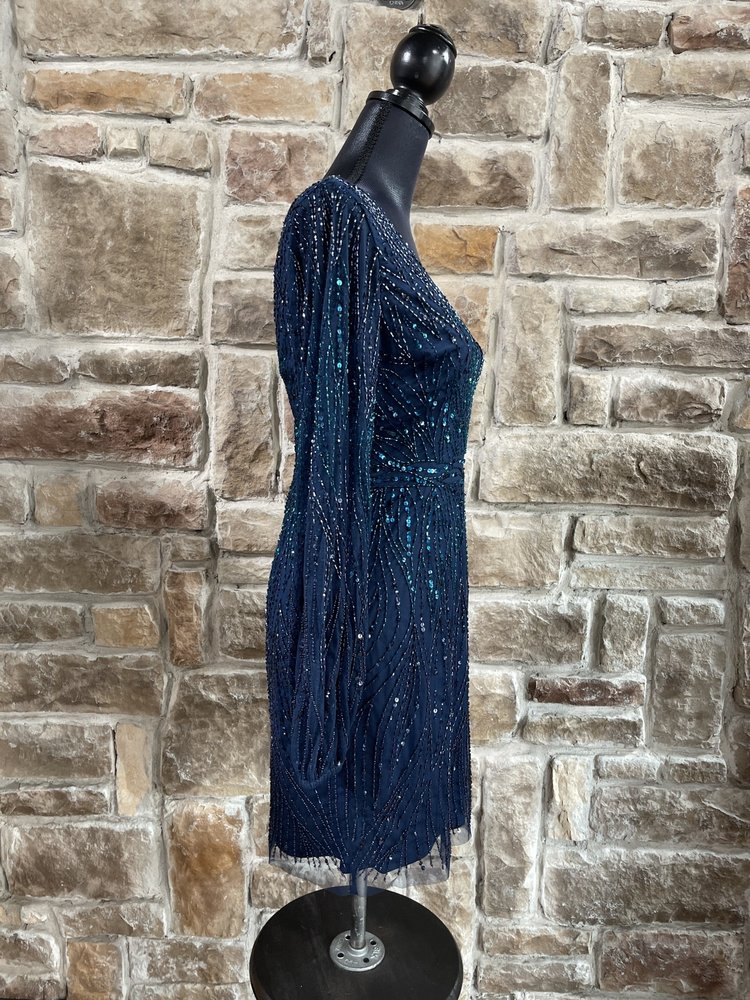 Adrianna Papell Peacock Blue Beaded Cocktail Dress, Size 4