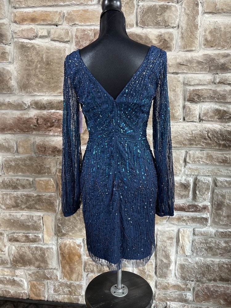 Adrianna Papell Peacock Blue Beaded Cocktail Dress, Size 4