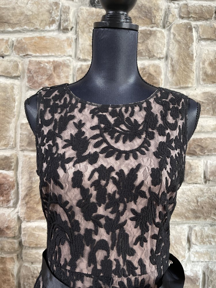 Adrianna Papell Black Lace Beige Underlay Mermaid Gown, Size 6