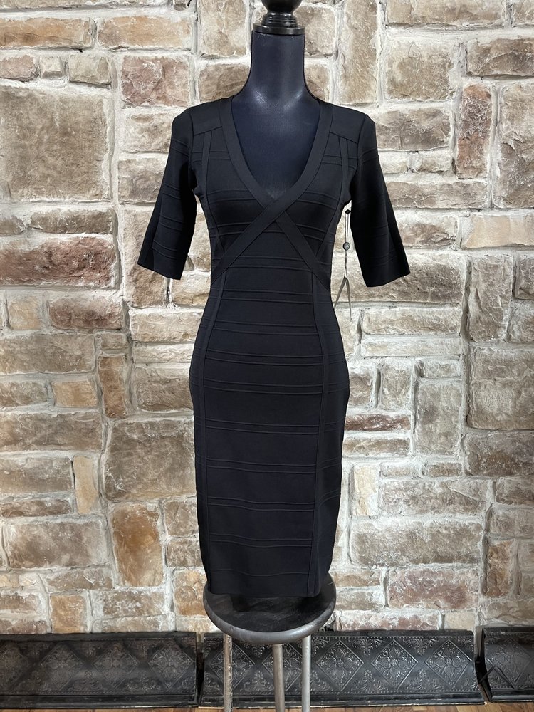 Adrianna Papell Black V-Neck Stretch Knit Dress, Size Small
