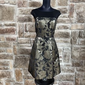 Adrianna Papell Black with Metallic Gold Floral Print Dress, Size 12