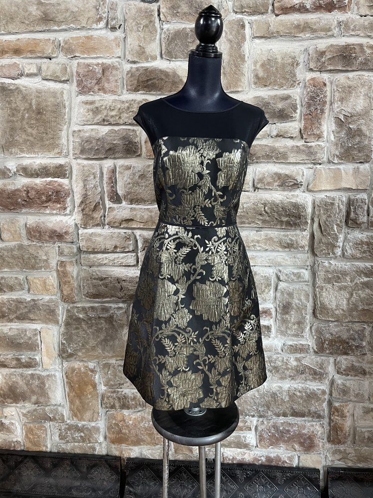 Adrianna Papell Black with Metallic Gold Floral Print Dress, Size 12