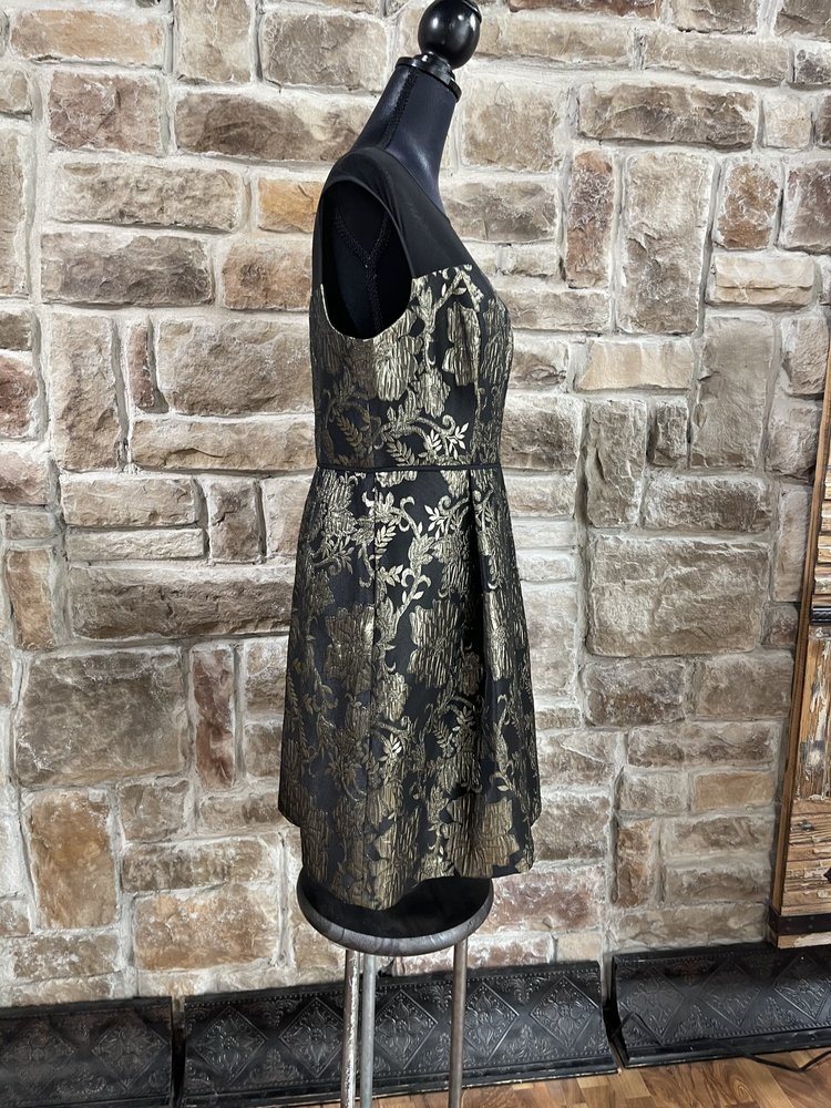 Adrianna Papell Black with Metallic Gold Floral Print Dress, Size 12