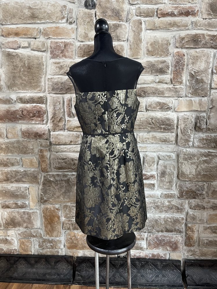 Adrianna Papell Black with Metallic Gold Floral Print Dress, Size 12