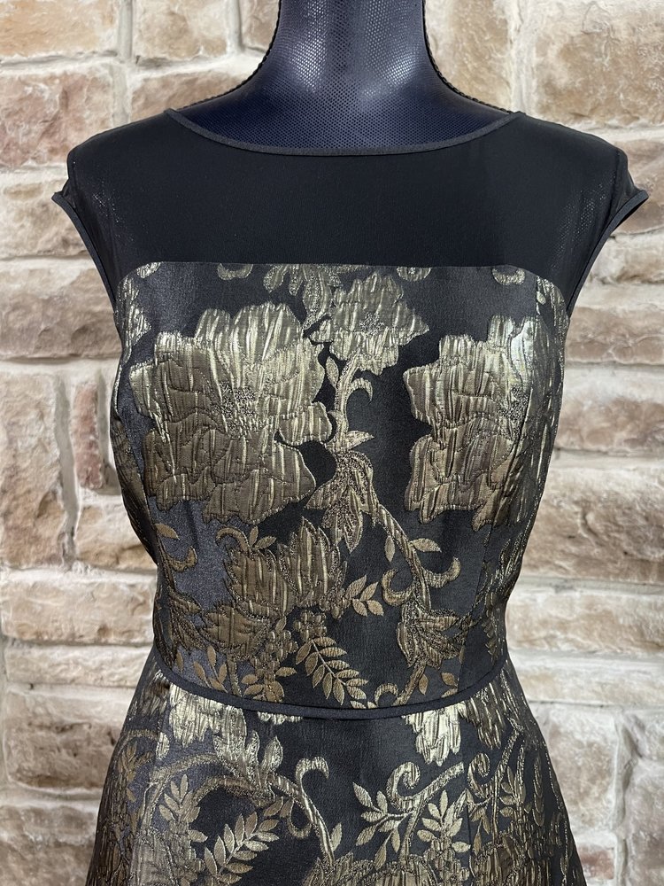 Adrianna Papell Black with Metallic Gold Floral Print Dress, Size 12