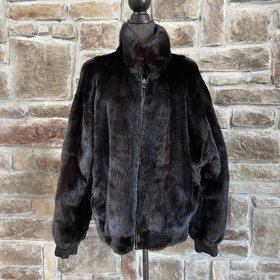 Dark Ranch Mink Bomber Jacket Reverses to Black Leather, Size XL