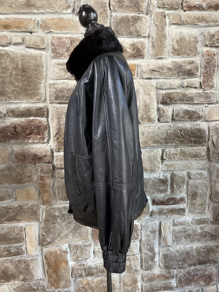 Dark Ranch Mink Bomber Jacket Reverses to Black Leather, Size XL