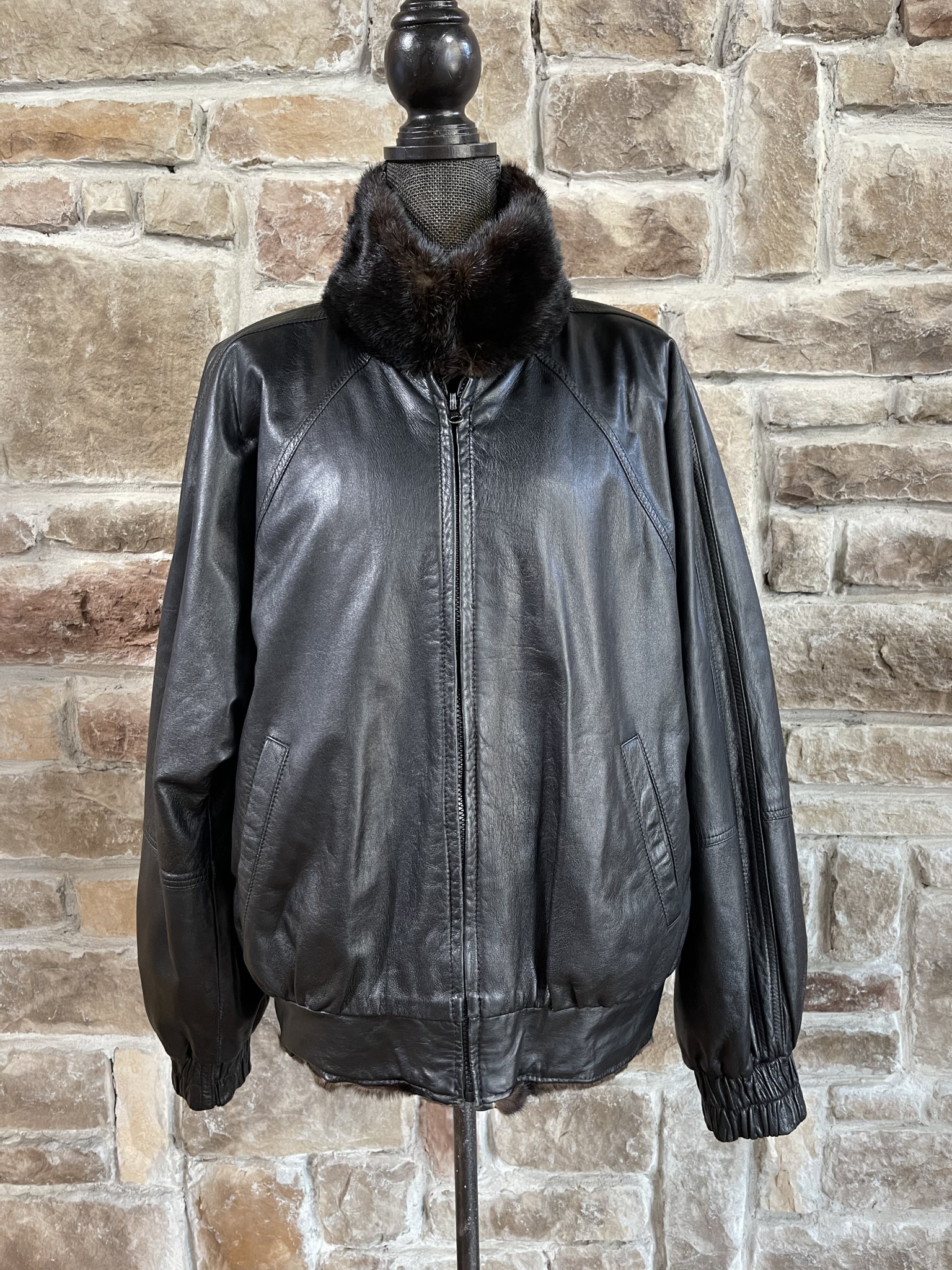 Dark Ranch Mink Bomber Jacket Reverses to Black Leather, Size XL