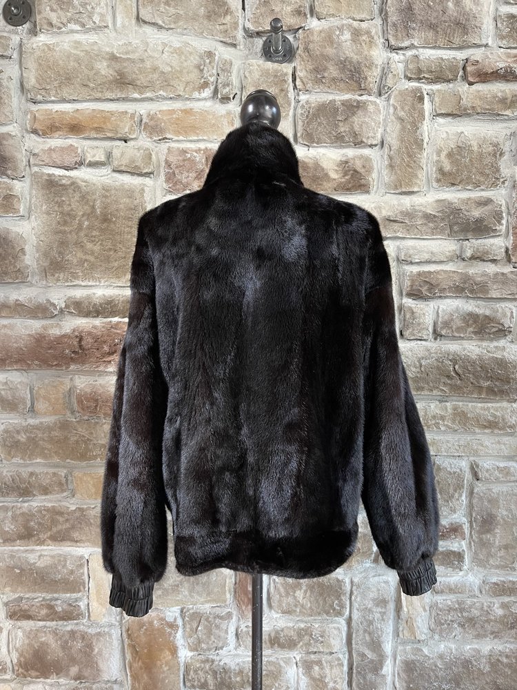 Dark Ranch Mink Bomber Jacket Reverses to Black Leather, Size XL