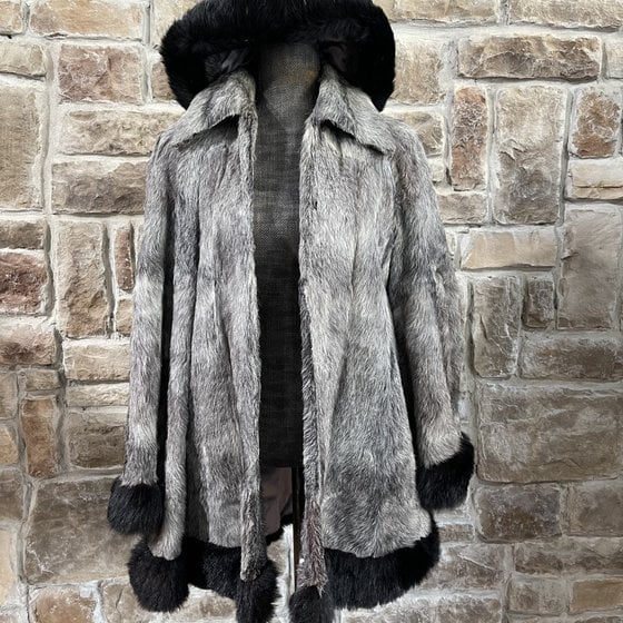 Blue Iris Mink Jacket with Detachable Hood and Silver Fox Trim