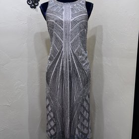 Adrianna Papell Nude Shift Dress with Art Deco Beading, Size 14