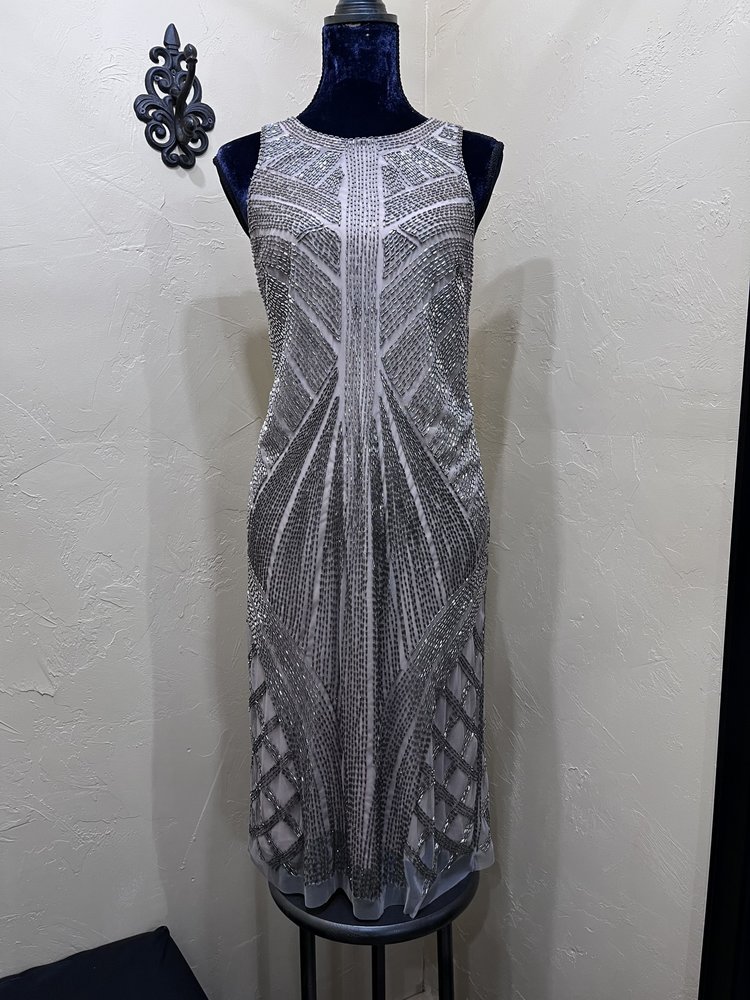 Adrianna Papell Nude Shift Dress with Art Deco Beading, Size 14