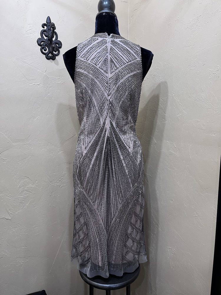 Adrianna Papell Nude Shift Dress with Art Deco Beading, Size 14