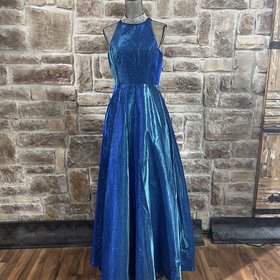 Fiesta Fashion Royal Blue Jersey Metallic Gown with Jeweled Collar, Size L