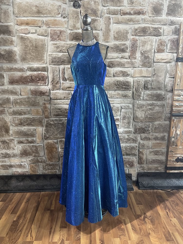 Fiesta Fashion Royal Blue Jersey Metallic Gown with Jeweled Collar, Size L