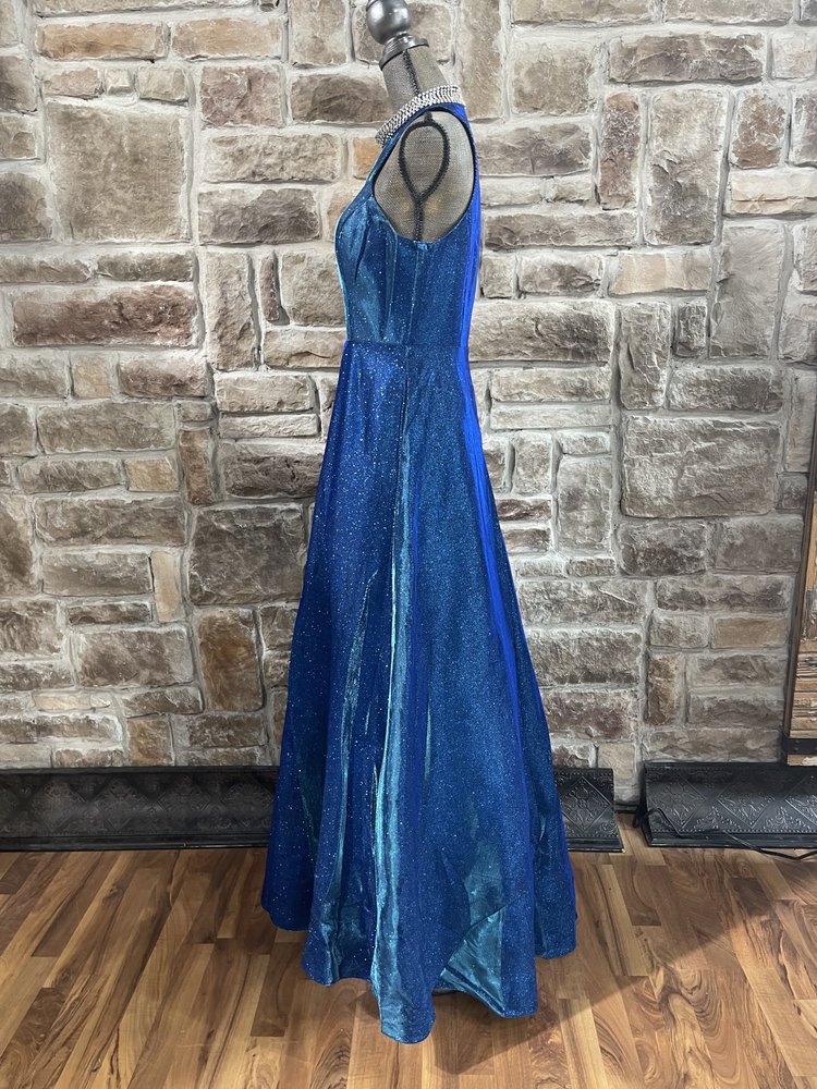 Fiesta Fashion Royal Blue Jersey Metallic Gown with Jeweled Collar, Size L