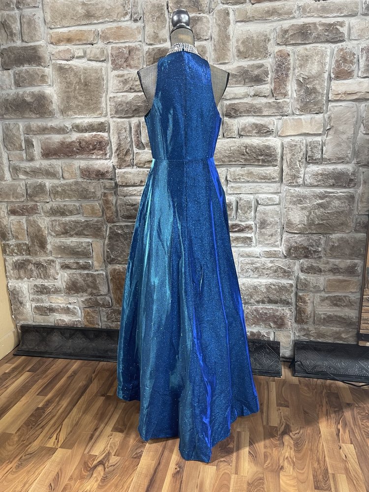 Fiesta Fashion Royal Blue Jersey Metallic Gown with Jeweled Collar, Size L